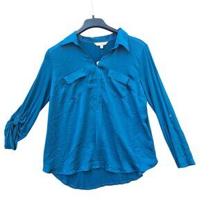 Company Ellen Tracy Sz L Enamel Blue Long Sleeve Roll Tab Blouse Lightweight NWT
